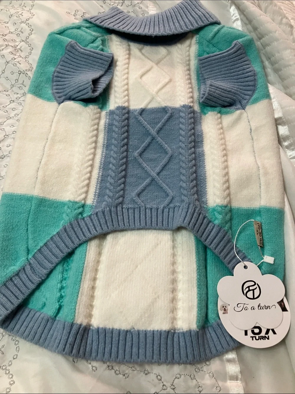 Cable-Knit Dog Sweater in Mint, White & Light Blue